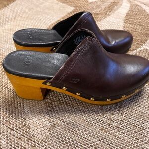 UGG Chocolate Leather Mules with Wood Heel Size 7